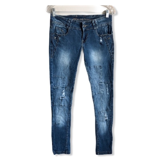 Blue Asphalt Distressed Patchwork Skinny Jeans - Picture 1 of 7